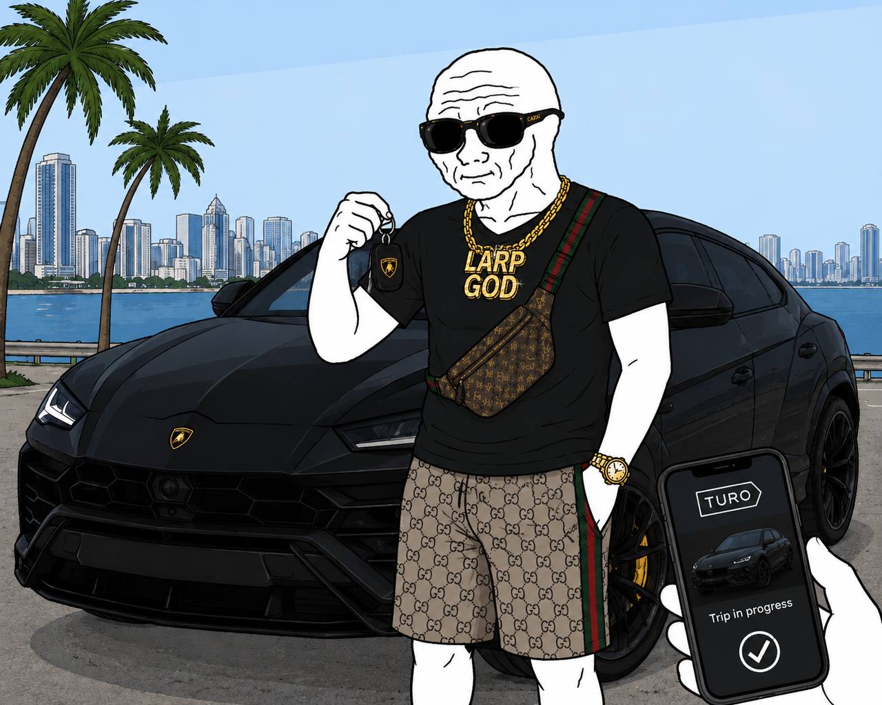 LARPGOD posing with a black supercar and rental app.